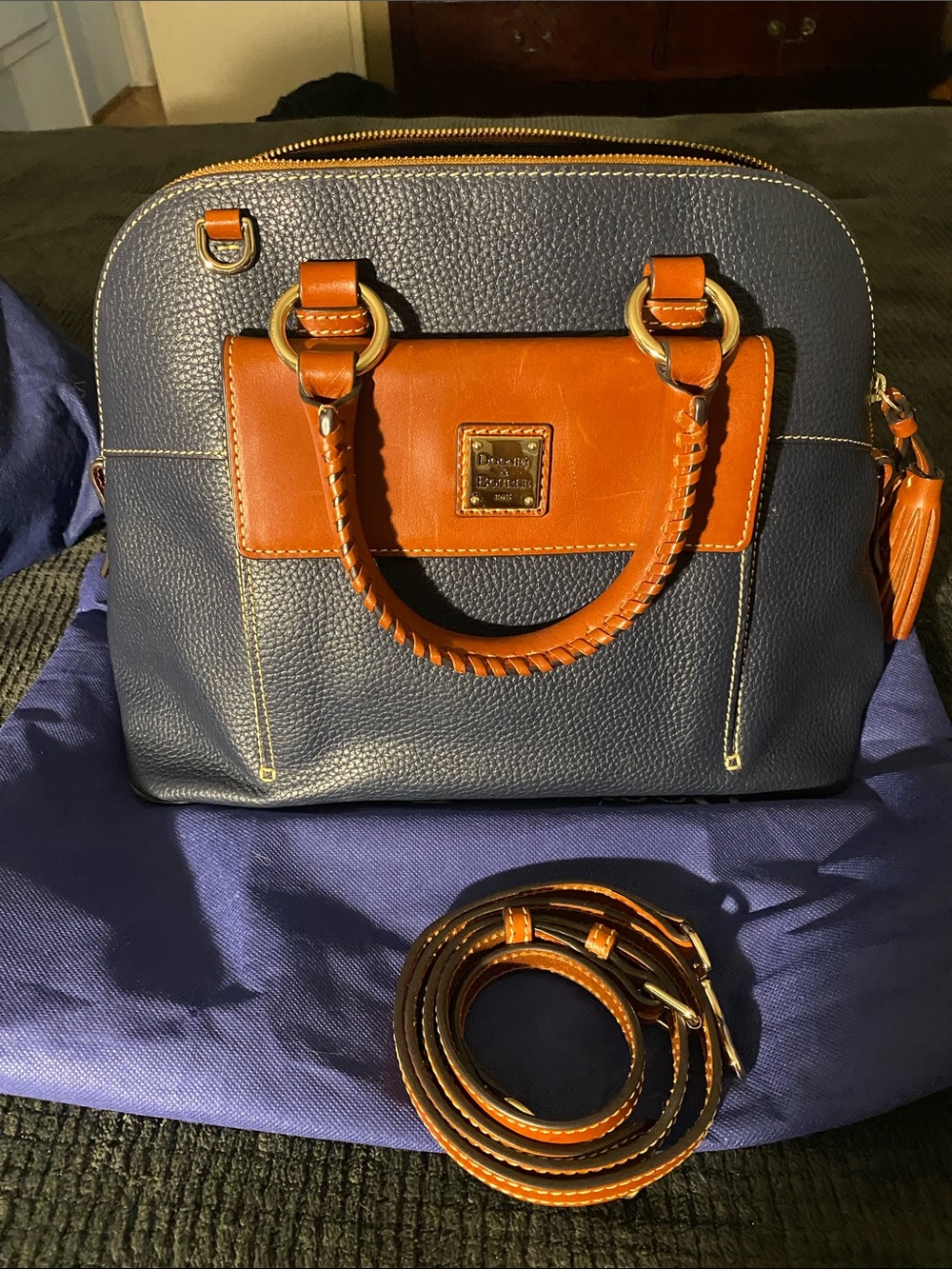 Dooney & Bourke Navy and Saddle Leather Dome Satchel